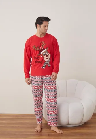 Pijama Craciun Barbat Pantaloni Lungi Maneca Lunga Rosu,Herry Xmas
