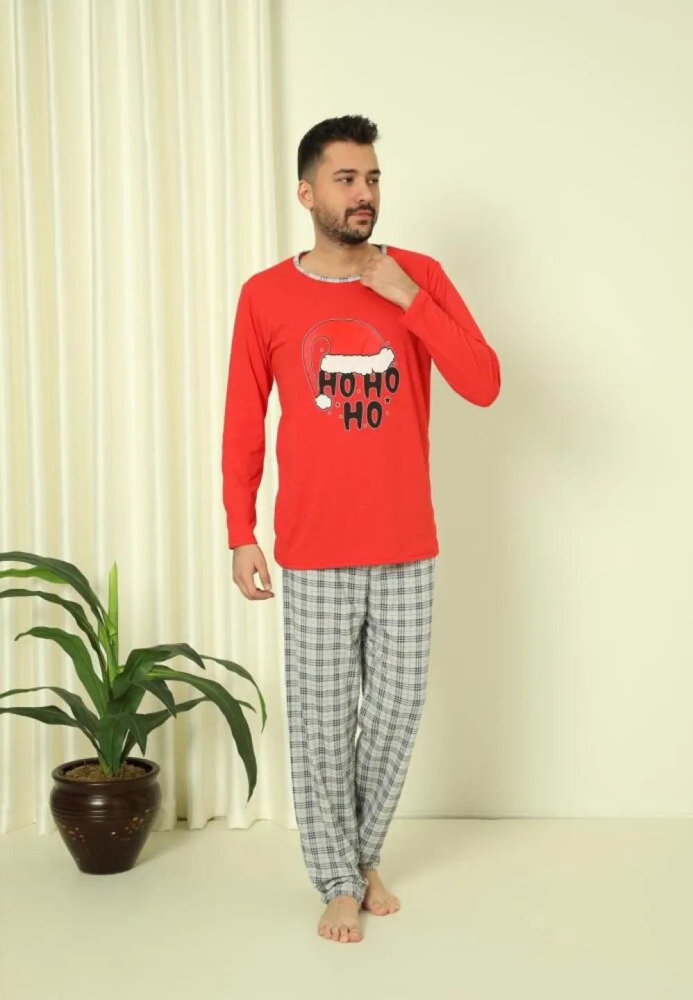 Pijama Craciun Barbat Maneca Lunga Pantaloni Lungi Rosu, HO HO HO - 2