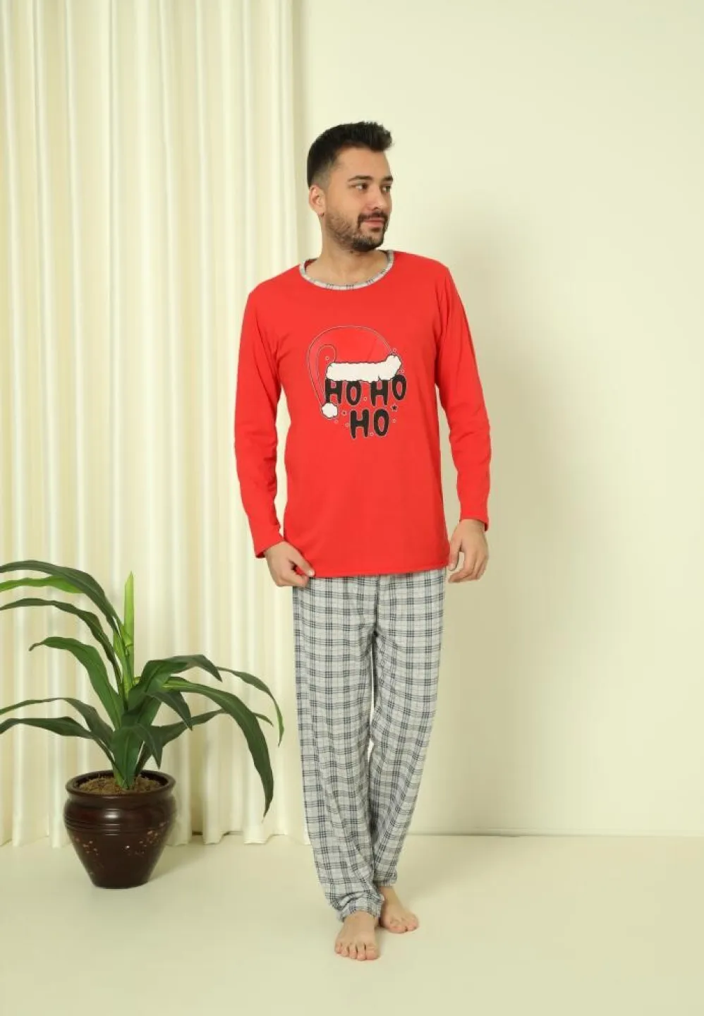 Pijama Craciun Barbat Maneca Lunga Pantaloni Lungi Rosu, HO HO HO - 1