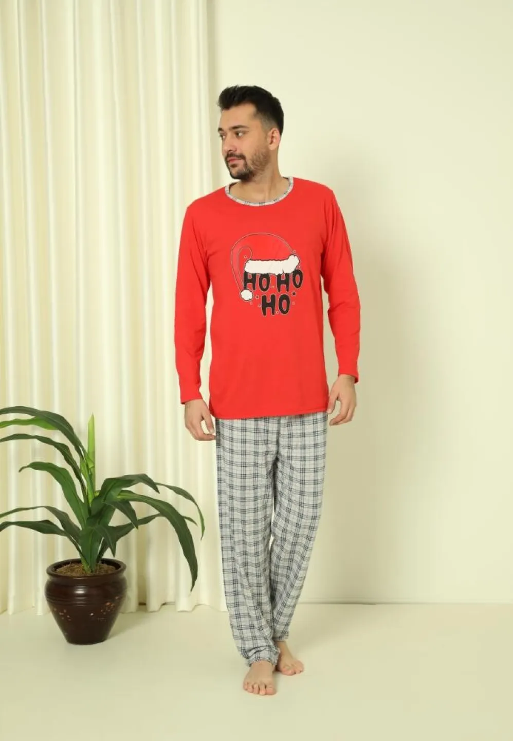 Pijama Craciun Barbat Maneca Lunga Pantaloni Lungi Rosu, HO HO HO - 4
