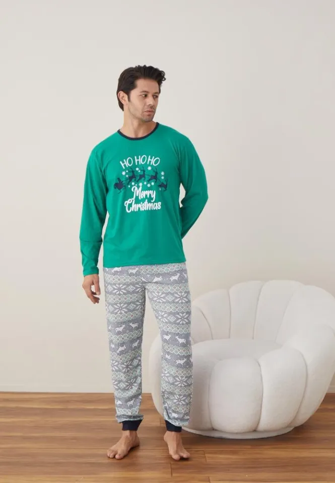 Pijama Craciun Barbat Maneca Lunga Pantaloni Lungi Verde, Merry Christmas