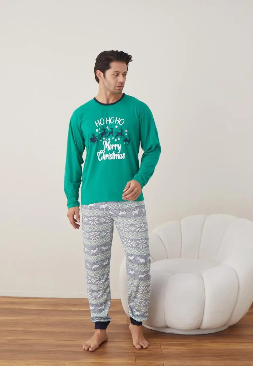 Pijama Craciun Barbat Maneca Lunga Pantaloni Lungi Verde, Merry Christmas - 4