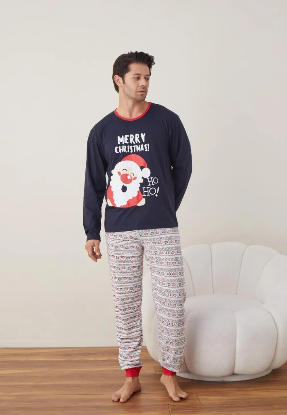 Pijama Craciun Barbat Maneca Lunga Pantaloni Lungi Bleumarin, Merry Christmas - 3