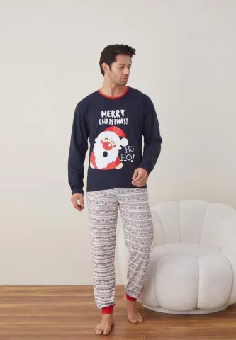 Pijama Craciun Barbat Maneca Lunga Pantaloni Lungi Bleumarin, Merry Christmas