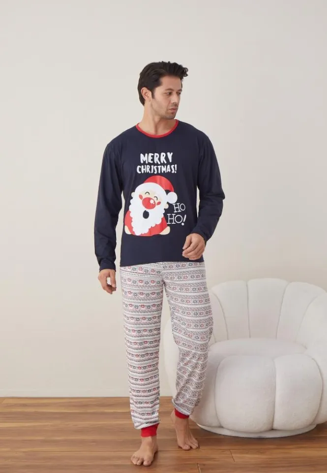 Pijama Craciun Barbat Maneca Lunga Pantaloni Lungi Bleumarin, Merry Christmas
