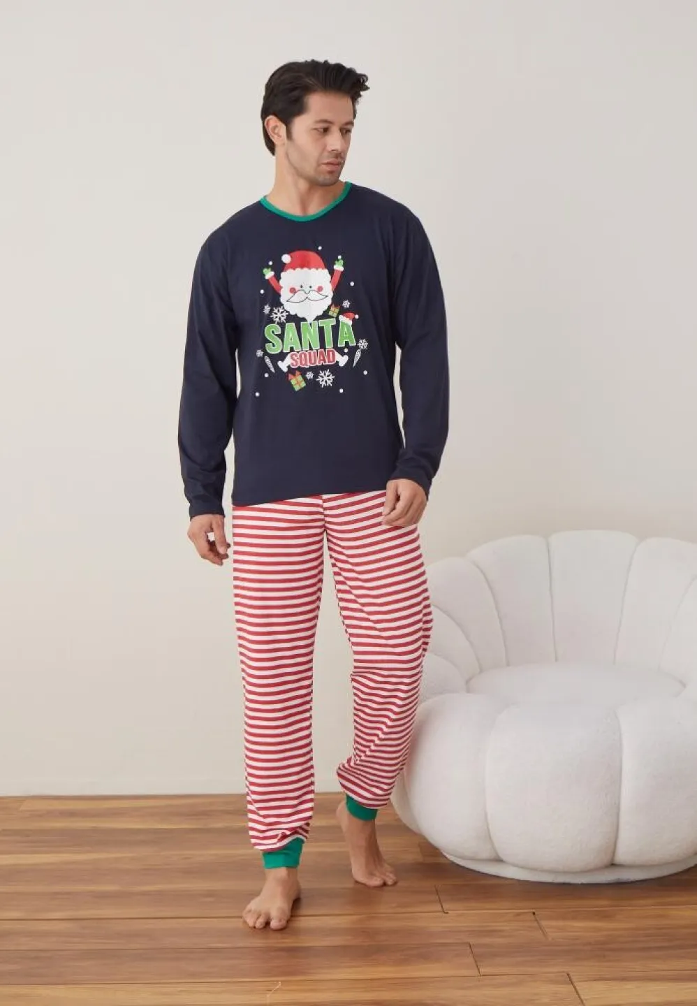 Pijama Craciun Barbat Maneca Lunga Pantaloni Lungi Bleumarin, Santa Souad - 2