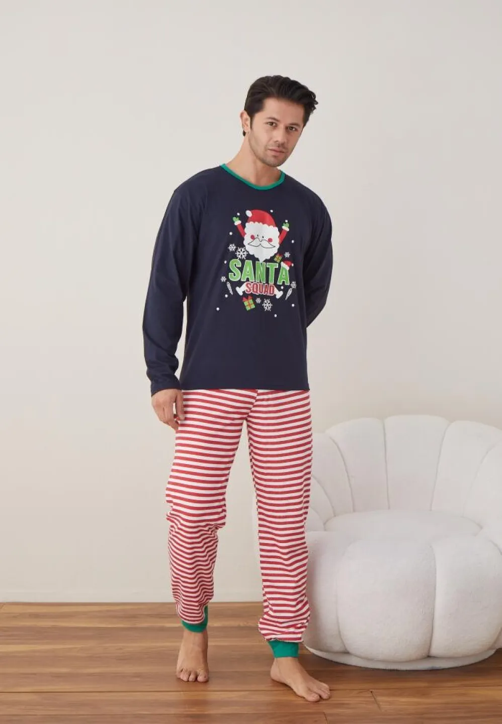 Pijama Craciun Barbat Maneca Lunga Pantaloni Lungi Bleumarin, Santa Souad - 3