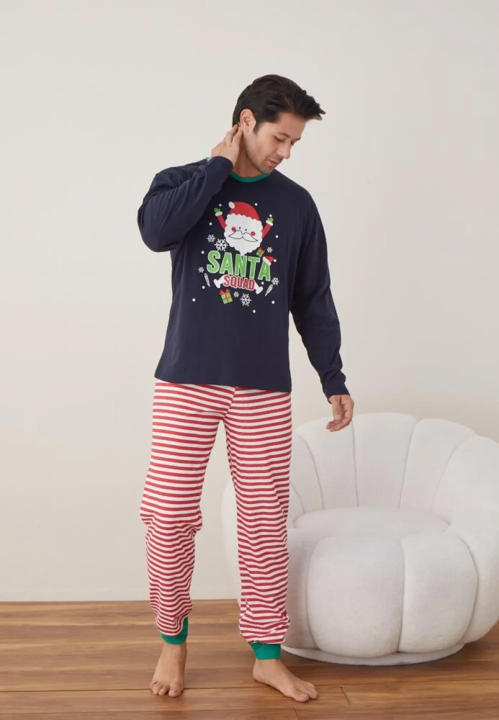 Pijama Craciun Barbat Maneca Lunga Pantaloni Lungi Bleumarin, Santa Souad - 4