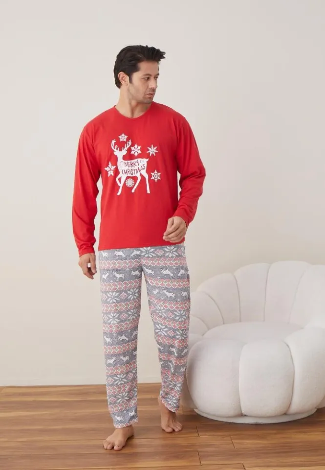Pijama Craciun Barbat Maneca Lunga Pantaloni Lungi, Rosu, Merry Christmas