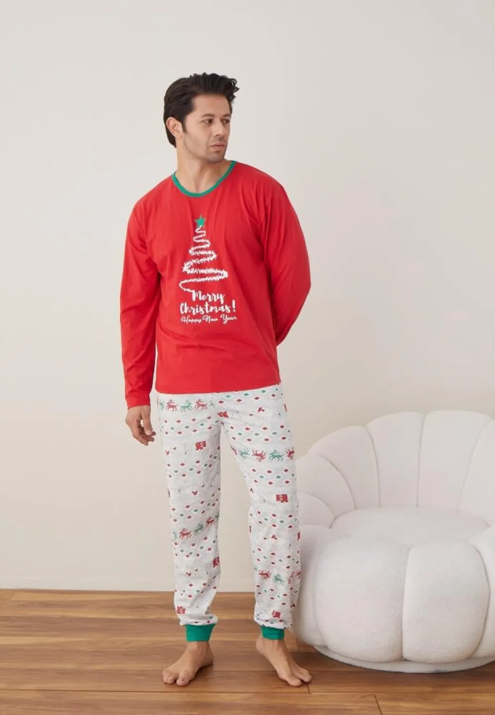 Pijama Craciun Barbat Maneca Lunga Pantaloni Lungi, Rosu, Brad - 1