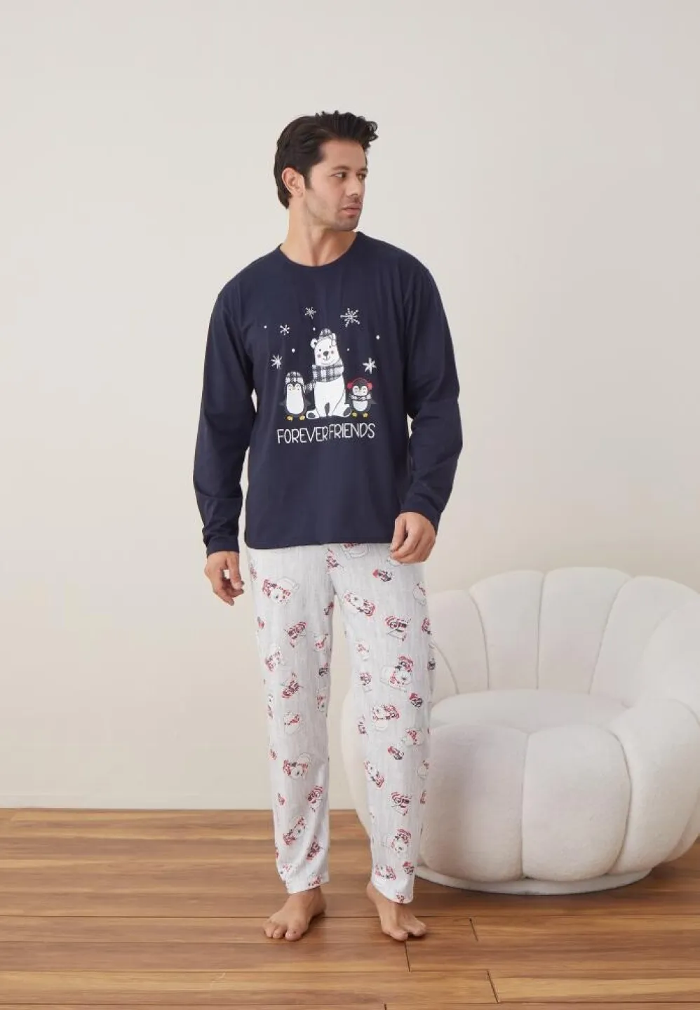 Pijama Craciun Barbat Maneca Lunga Pantaloni Lungi, Bleumarin, Forever Friends - 1