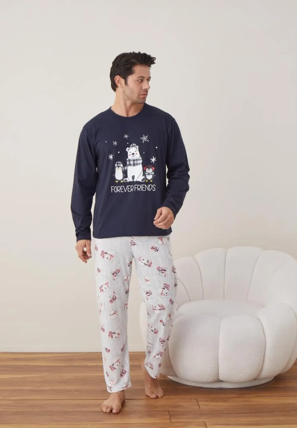 Pijama Craciun Barbat Maneca Lunga Pantaloni Lungi, Bleumarin, Forever Friends - 3