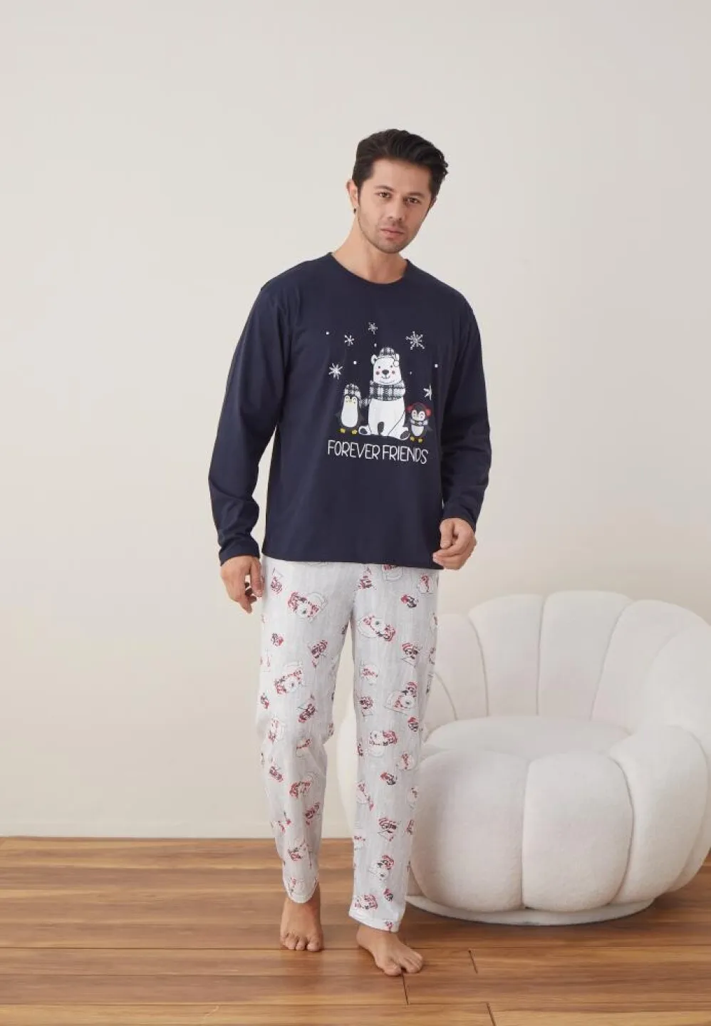 Pijama Craciun Barbat Maneca Lunga Pantaloni Lungi, Bleumarin, Forever Friends - 6