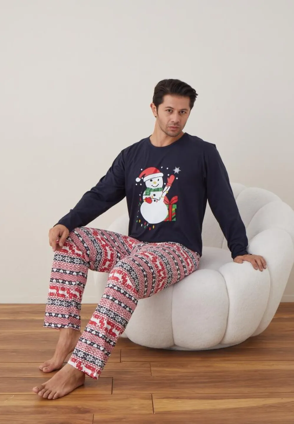 Pijama Bărbat Crăciun, Mânecă Lungă, Pantaloni Lungi, Bleumarin, Model Om de Zăpadă - 2