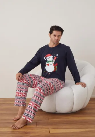 Pijama Bărbat Crăciun, Mânecă Lungă, Pantaloni Lungi, Bleumarin, Model Om de Zăpadă hover