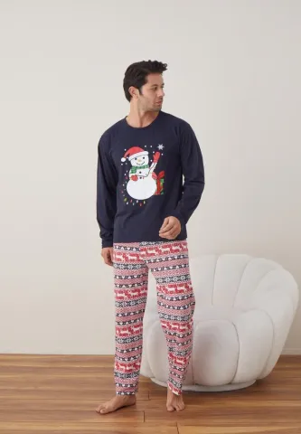 Pijama Bărbat Crăciun, Mânecă Lungă, Pantaloni Lungi, Bleumarin, Model Om de Zăpadă