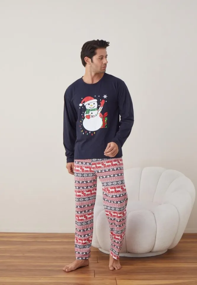 Pijama Bărbat Crăciun, Mânecă Lungă, Pantaloni Lungi, Bleumarin, Model Om de Zăpadă
