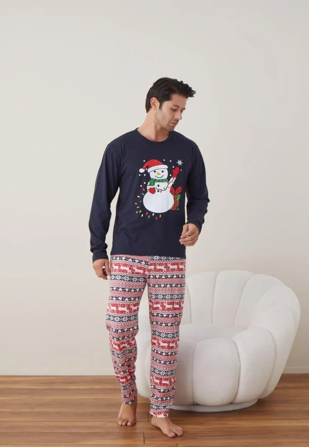 Pijama Bărbat Crăciun, Mânecă Lungă, Pantaloni Lungi, Bleumarin, Model Om de Zăpadă - 3