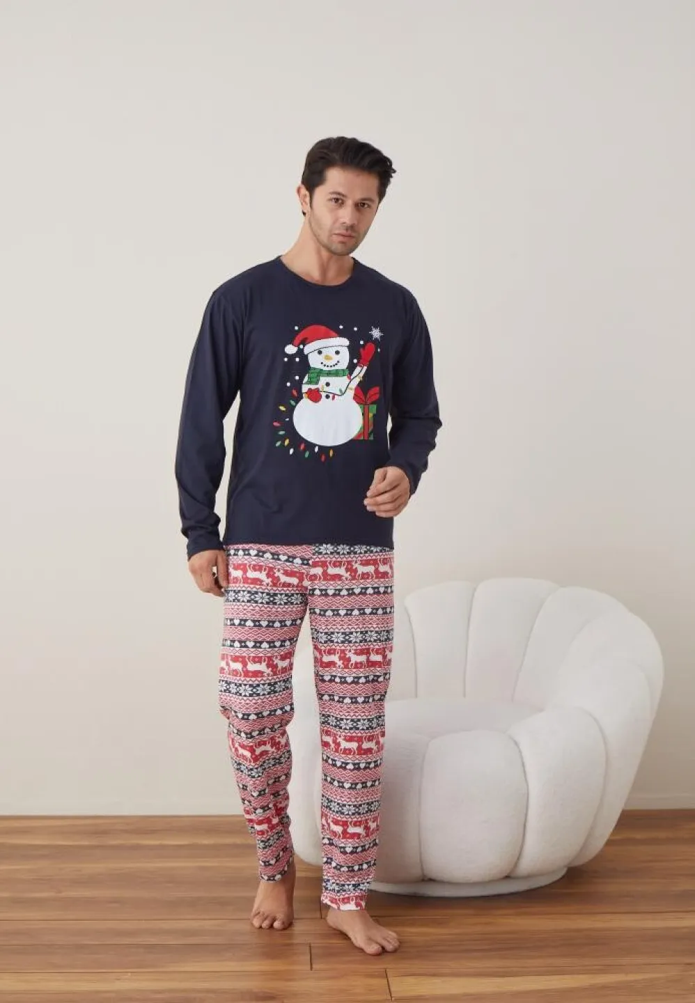 Pijama Bărbat Crăciun, Mânecă Lungă, Pantaloni Lungi, Bleumarin, Model Om de Zăpadă - 4