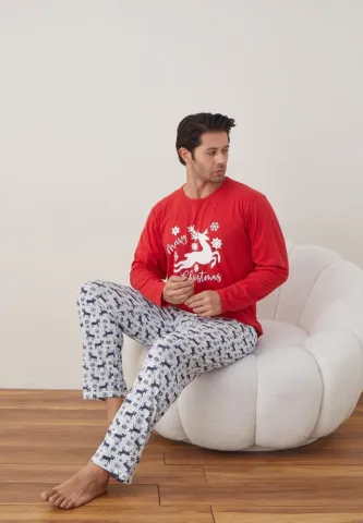 Pijama Craciun Barbat Pantaloni Lungi Maneca Lunga,Rosu,Ren hover