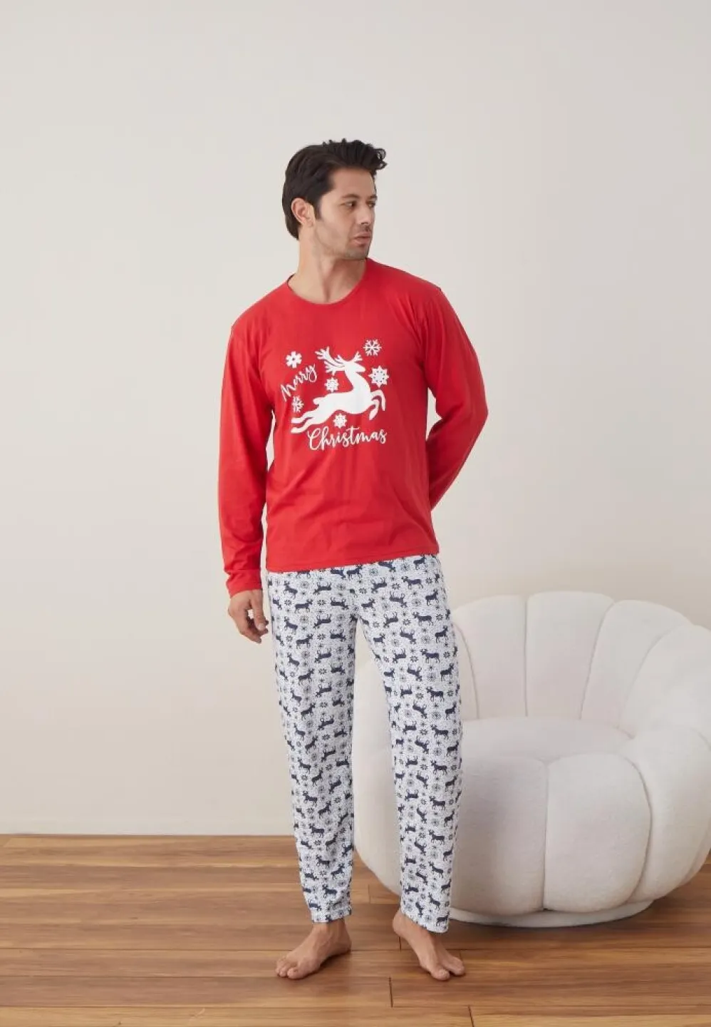 Pijama Bărbat Crăciun, Pantaloni Lungi, Mânecă Lungă, Roșu, Model Ren - 3