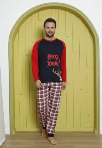 Pijama Bărbat Crăciun, Mânecă Lungă, Pantaloni Lungi, Bleumarin, Merry Xmas