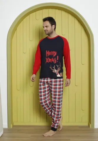 Pijama Bărbat Crăciun, Mânecă Lungă, Pantaloni Lungi, Bleumarin, Merry Xmas hover