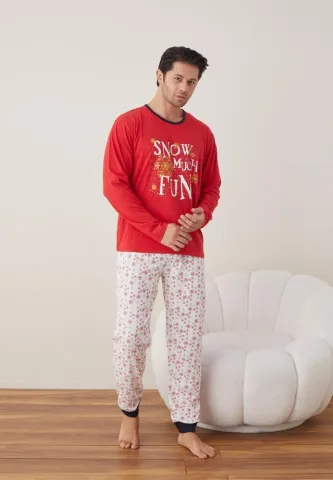 Pijama Craciun Barbat Pantaloni Lungi Maneca Lunga,Rosu,SNnow Much Fun hover