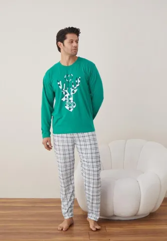Pijama Bărbat Crăciun, Mânecă Lungă, Pantaloni Lungi, Verde, Model Ren