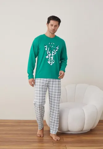 Pijama Bărbat Crăciun, Mânecă Lungă, Pantaloni Lungi, Verde, Model Ren hover