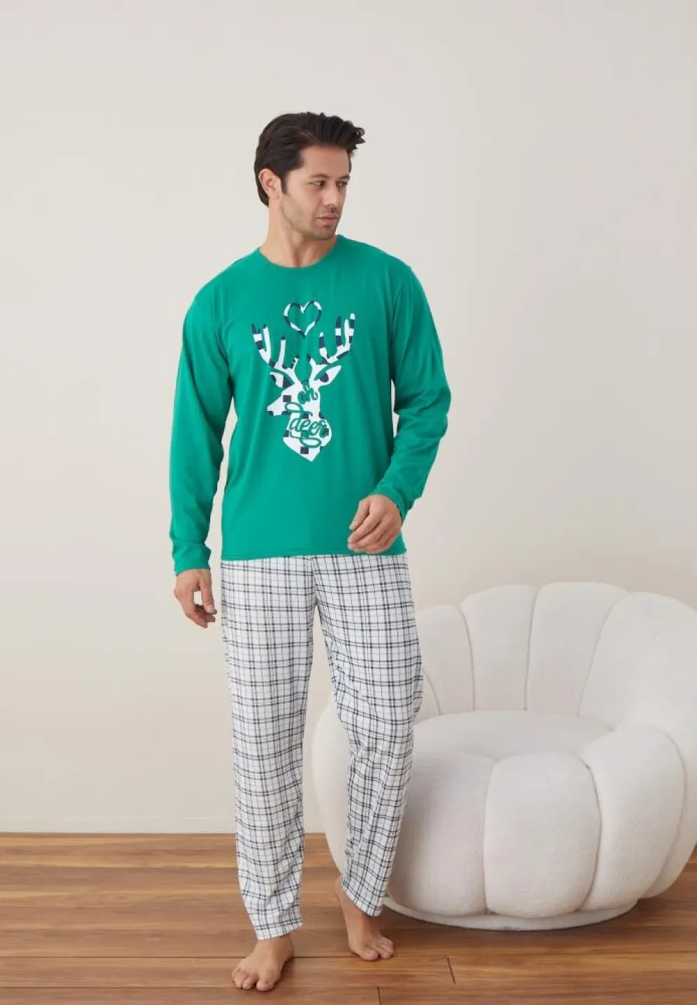 Pijama Bărbat Crăciun, Mânecă Lungă, Pantaloni Lungi, Verde, Model Ren - 3
