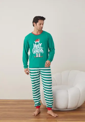 Pijama Bărbat Crăciun, Mânecă Lungă, Pantaloni Lungi, Verde, Merry Christmas