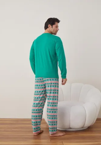 Pijama Craciun Barbat Pantaloni Lungi Maneca Lunga,Verde,Santa hover
