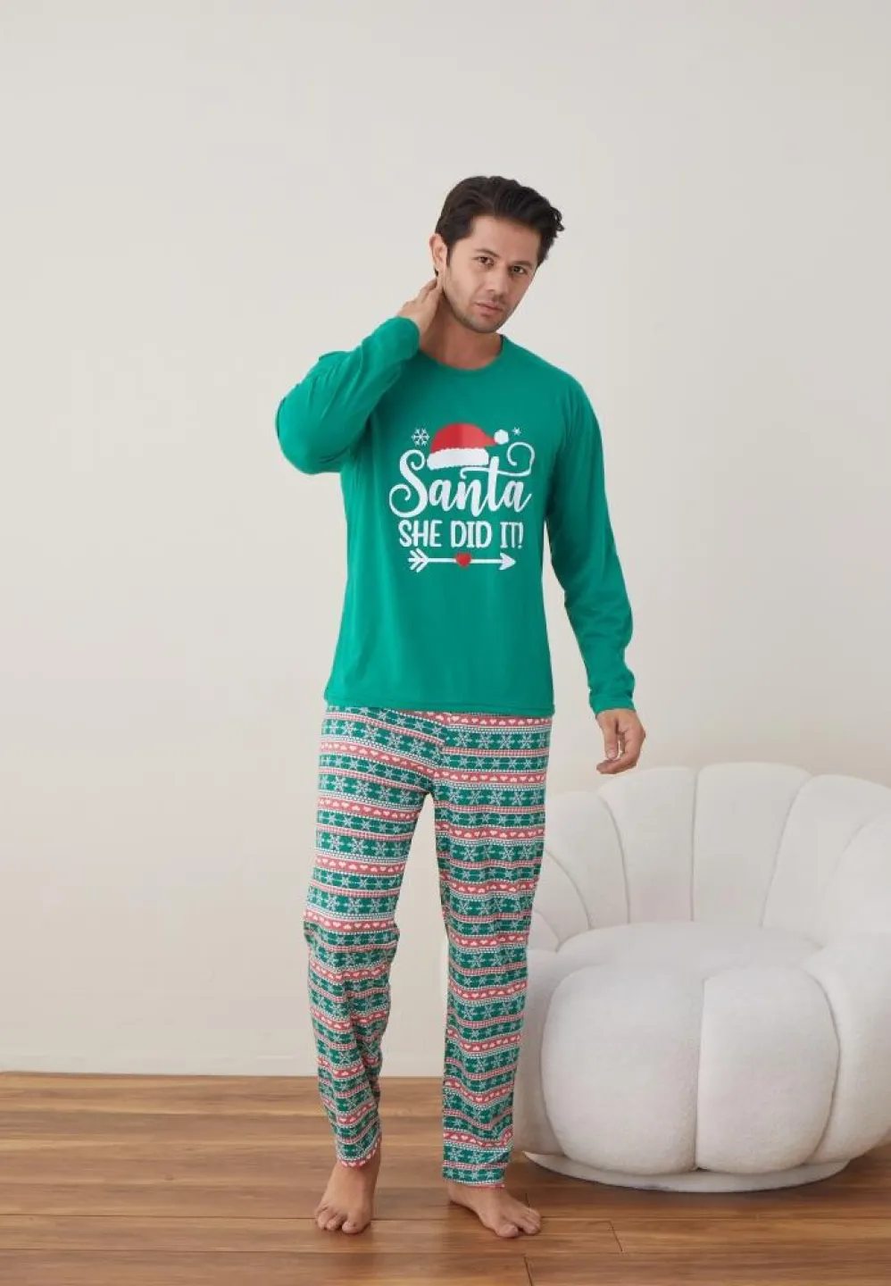 Pijama Bărbat Crăciun, Mânecă Lungă, Pantaloni Lungi, Verde, Santa - 3