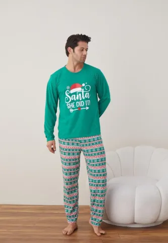 Pijama Craciun Barbat Pantaloni Lungi Maneca Lunga,Verde,Santa