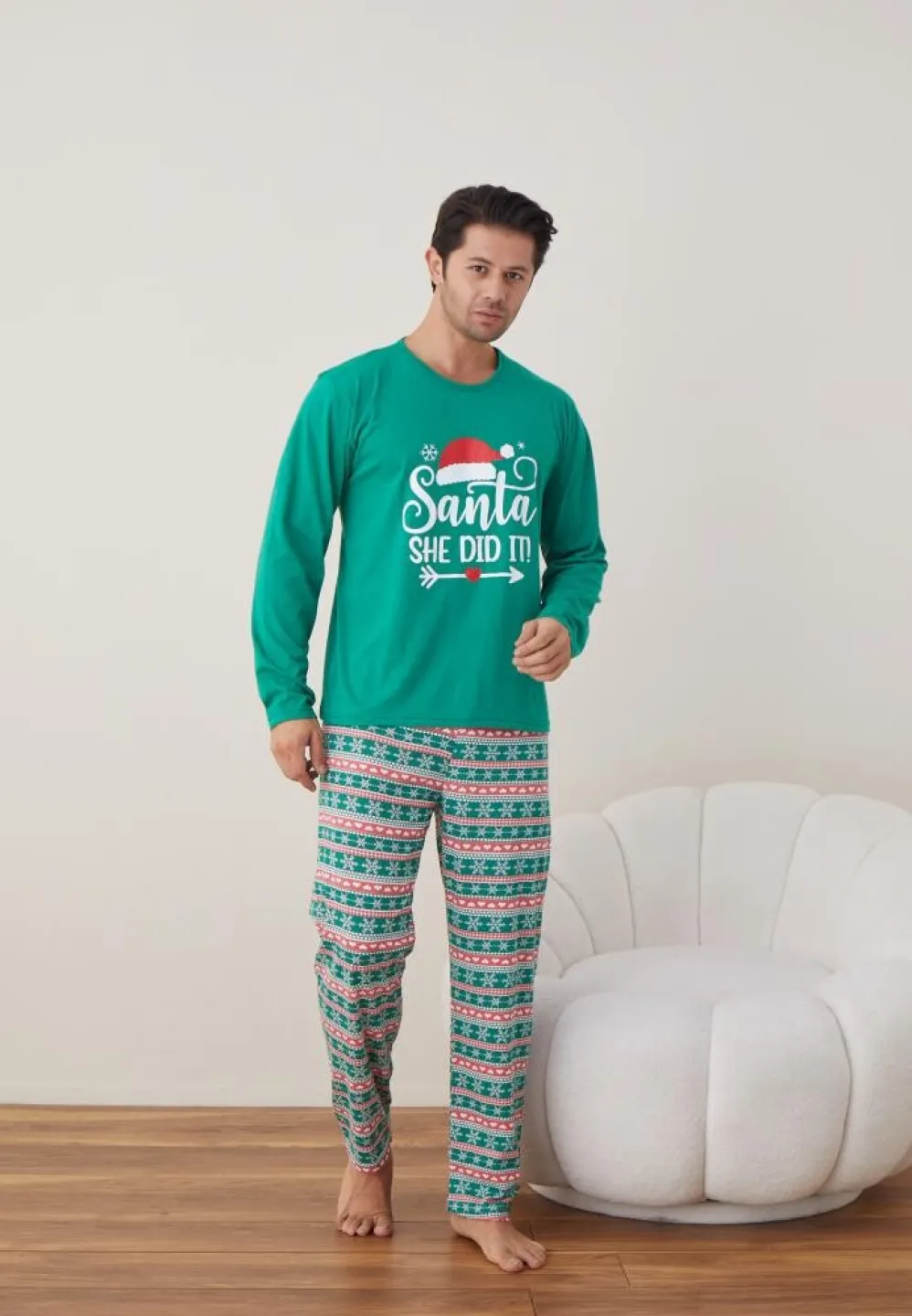 Pijama Bărbat Crăciun, Mânecă Lungă, Pantaloni Lungi, Verde, Santa - 4