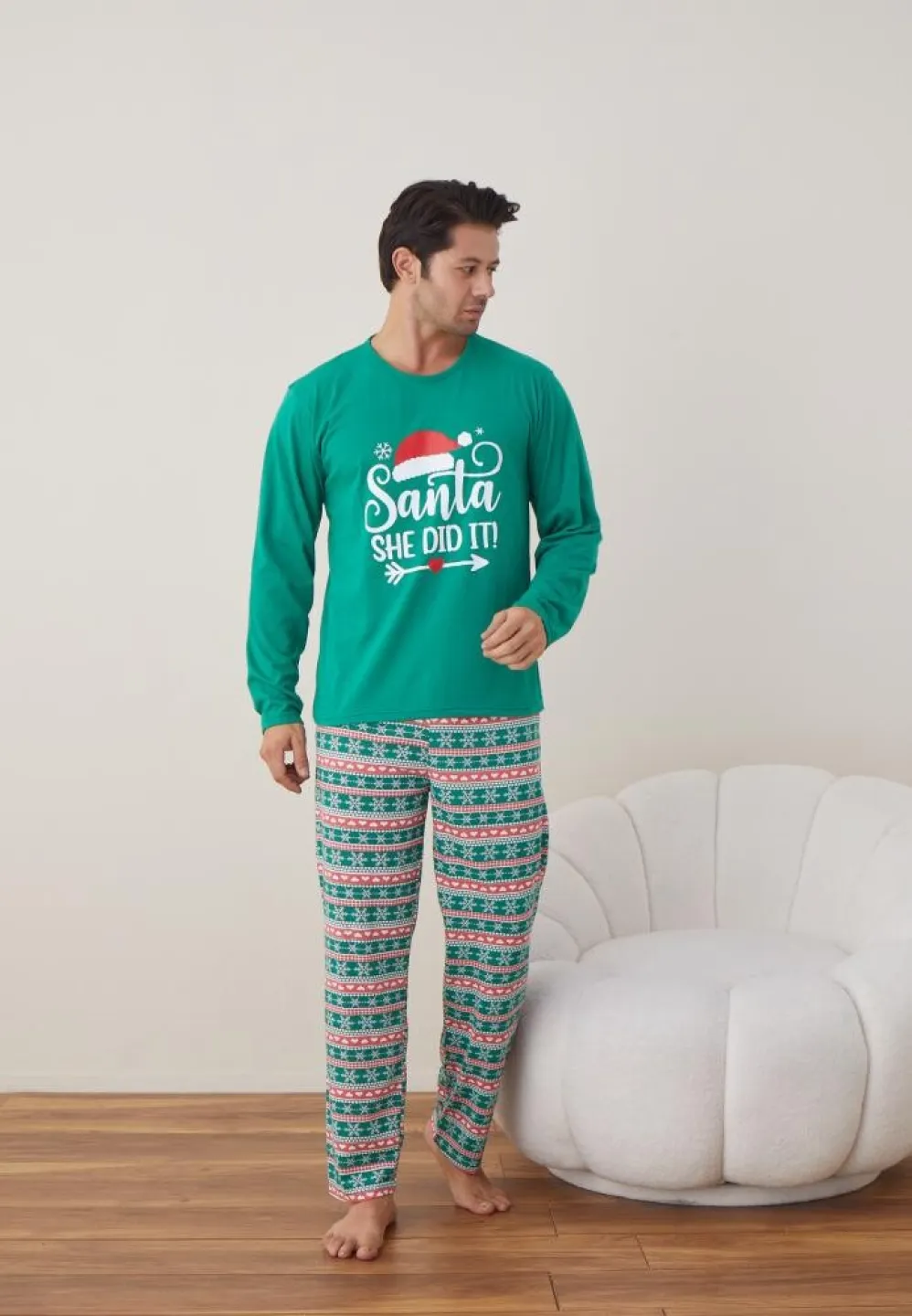 Pijama Bărbat Crăciun, Mânecă Lungă, Pantaloni Lungi, Verde, Santa - 5