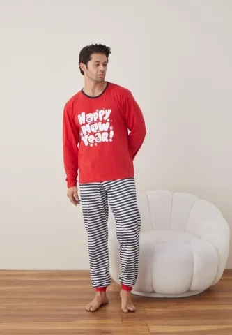 Pijama Craciun Barbat Pantaloni Lungi Maneca Lunga,Rosu,Happy New Year! hover