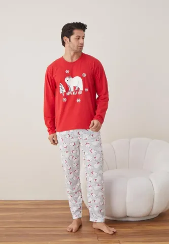 Pijama Craciun Barbat Pantaloni Lungi Maneca Lunga,Rosu,Happy New Year