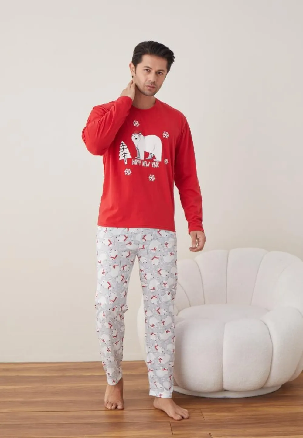 Pijama Bărbat Crăciun, Mânecă Lungă, Pantaloni Lungi, Roșu, Happy New Year - 3