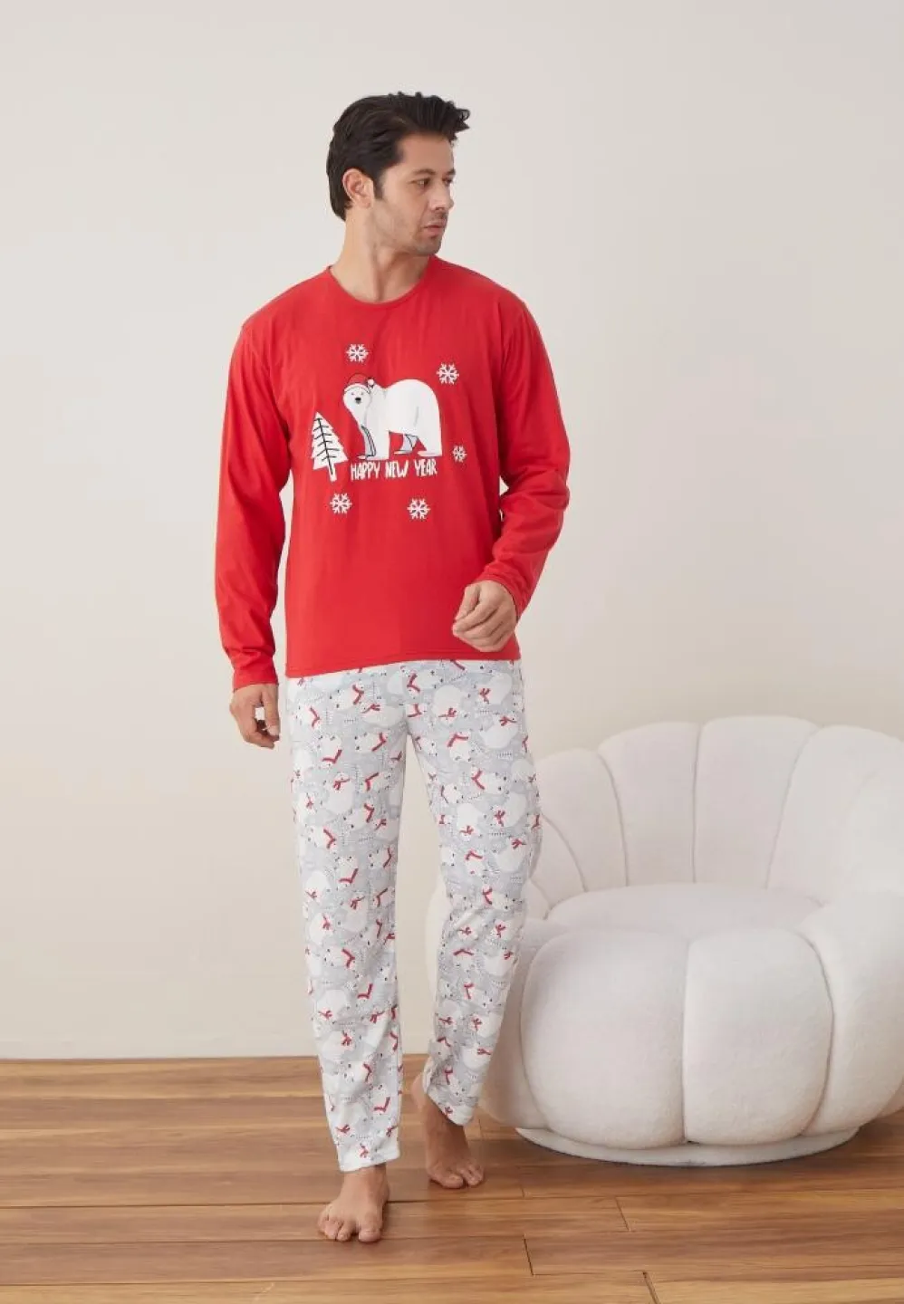 Pijama Bărbat Crăciun, Mânecă Lungă, Pantaloni Lungi, Roșu, Happy New Year - 5