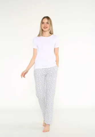 Pijama Dama, Pantalon Lungi, Alb, Maneca Scurta hover