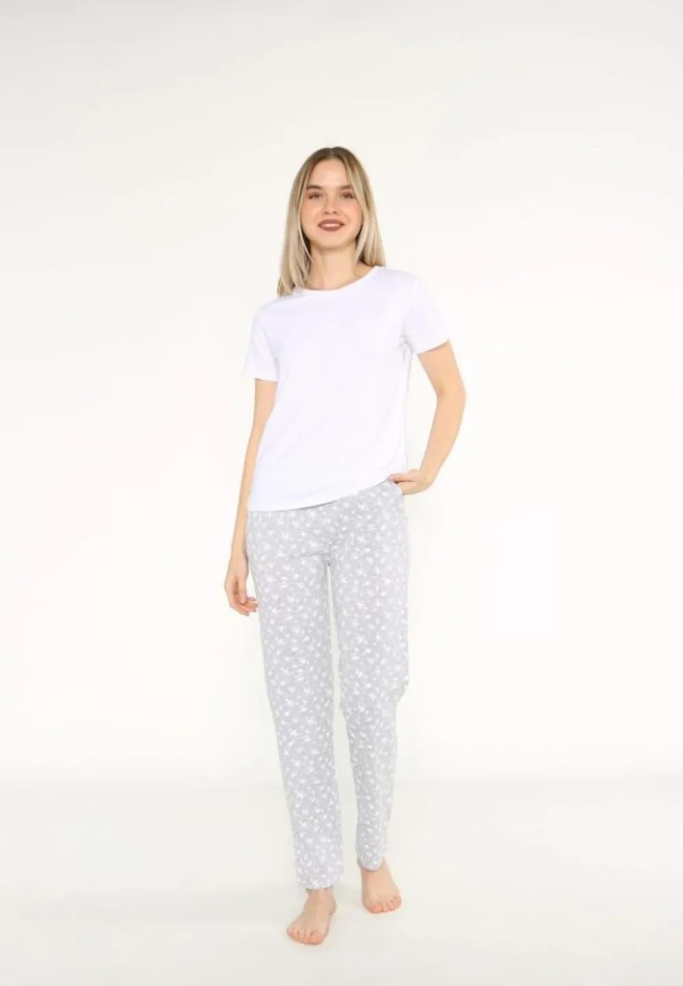 Pijama Dama, Pantalon Lungi, Alb, Maneca Scurta - 1