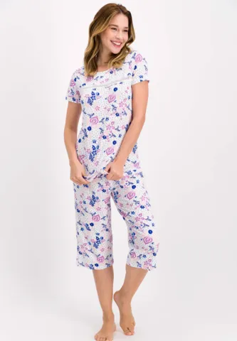 Pijama Dama Mânecă Scurtă, Pantalon Trei Sferturi cu Dantelă