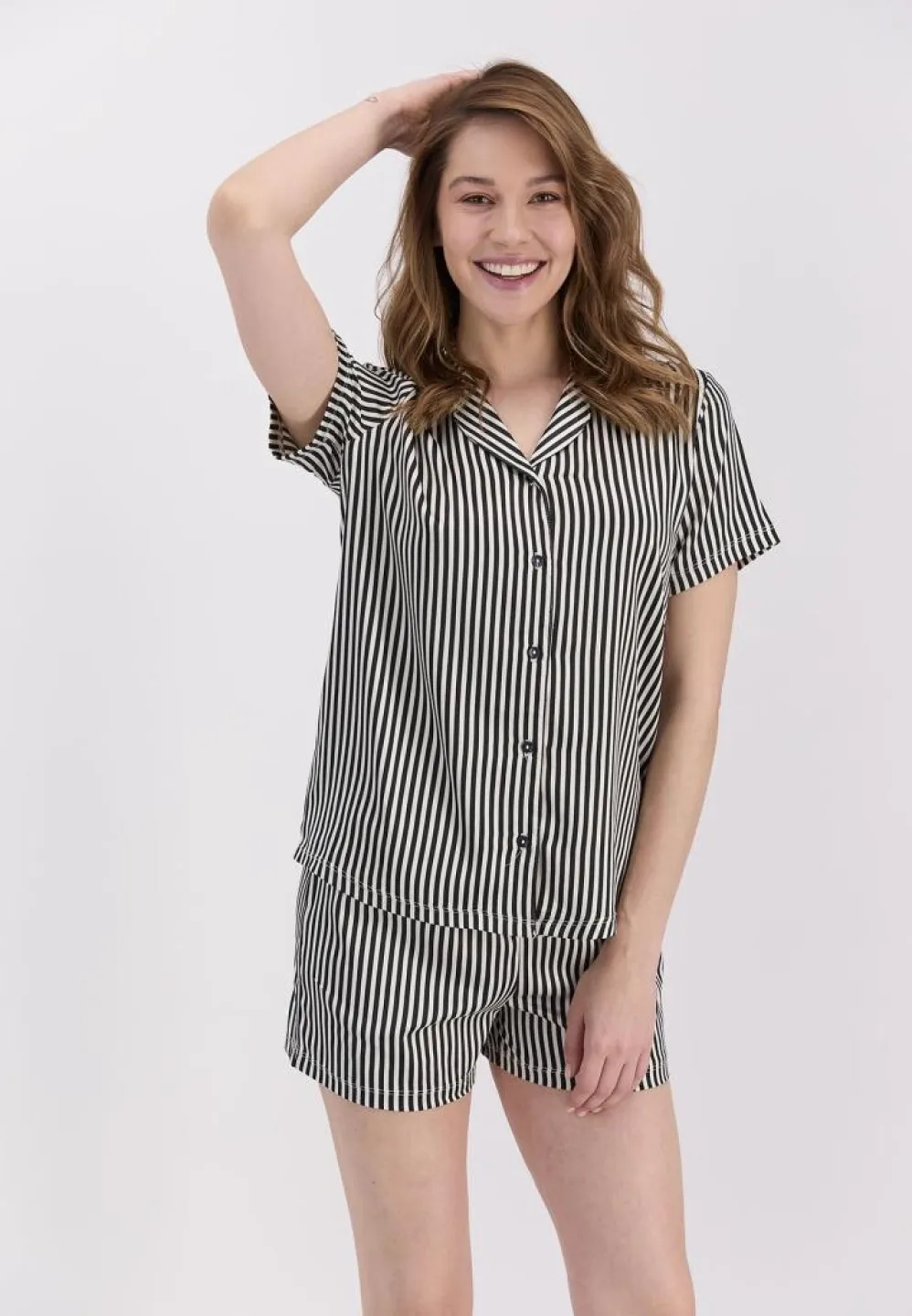 Pijama Dama Pierre Cardin, Bumbac, Cu Cămașă și Short Asortat Dungi Negre - 5