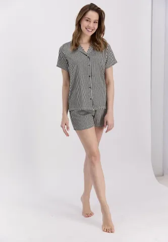 Pijama Dama Pierre Cardin, Bumbac, Cu Cămașă și Short Asortat Dungi Negre