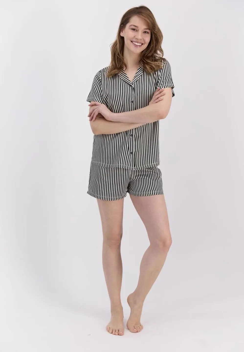 Pijama Dama Pierre Cardin, Bumbac, Cu Cămașă și Short Asortat Dungi Negre - 7