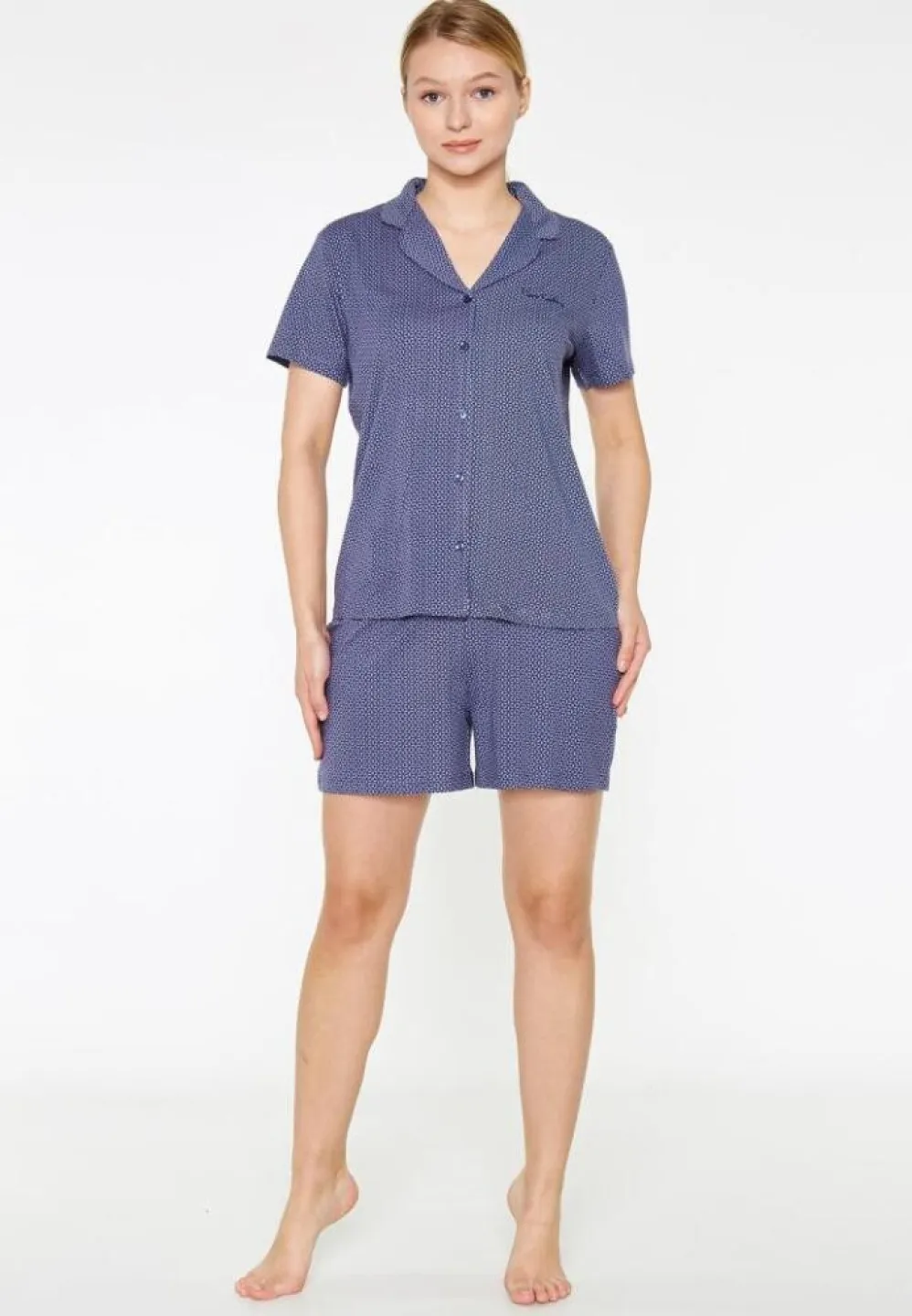 Pijama Dama Pierre Cardin, Bumbac, Cu Cămașă și Short, Albastru - 1