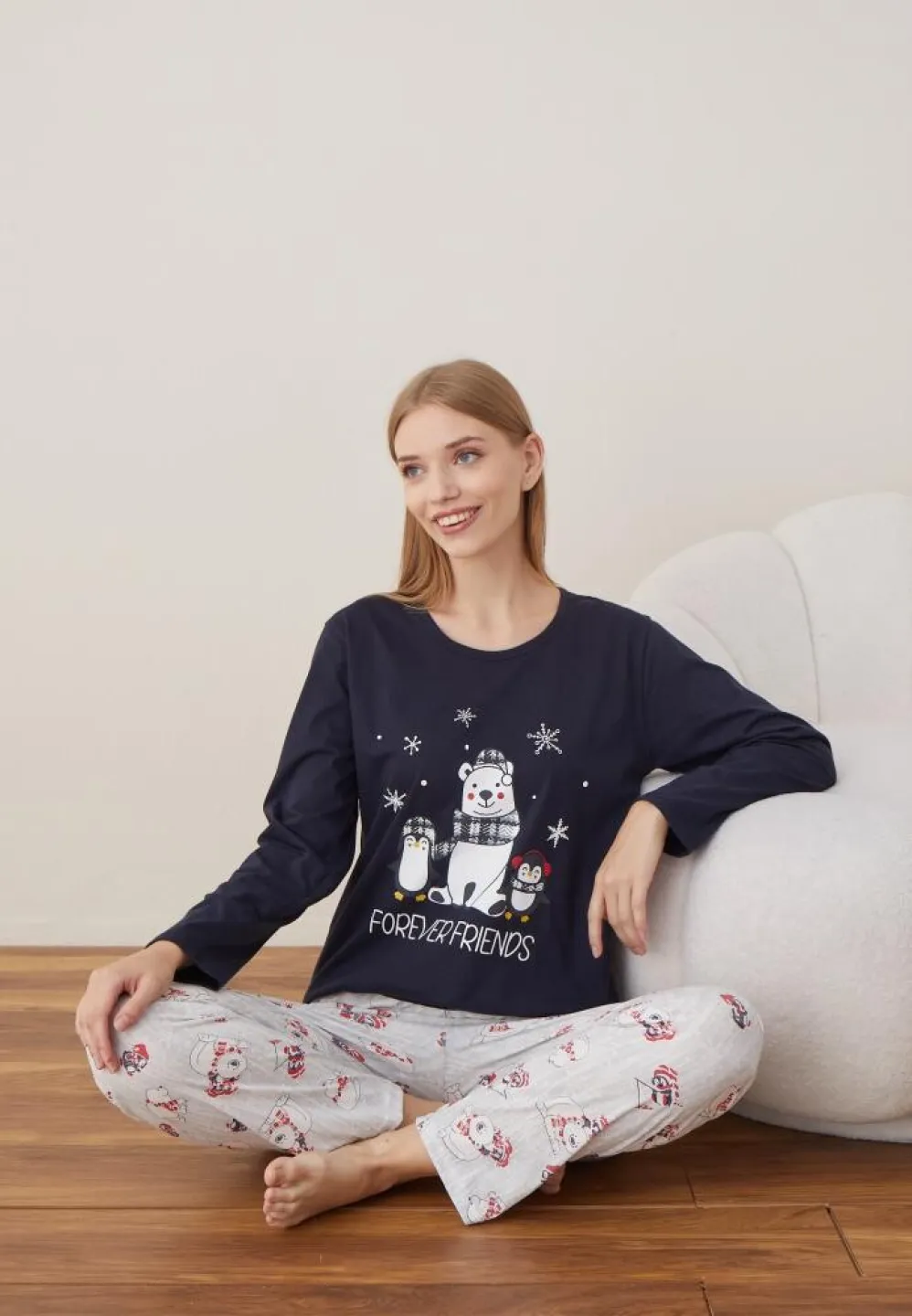 Pijama Dama Craciun Maneca Lunga Pantalon Lungi Bleumarin Forever Friends - 2