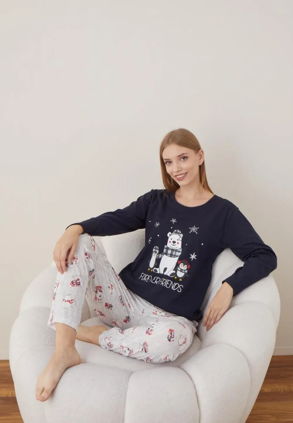 Pijama Dama Craciun Maneca Lunga Pantalon Lungi Bleumarin Forever Friends - 4